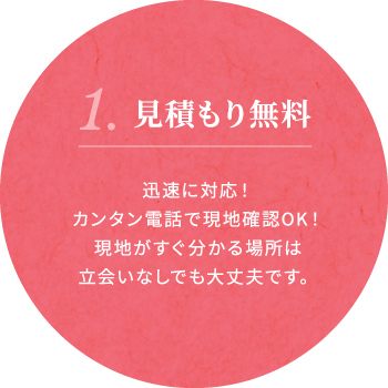 1.見積もり無料 迅速に対応！カンタン電話で現地確認OK！現地がすぐ分かる場所は立会いなしでも大丈夫です。