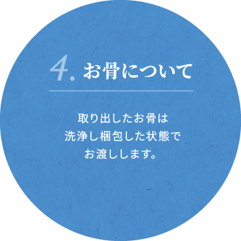 4.お骨について 取り出したお骨は洗浄し梱包した状態でお渡しします。